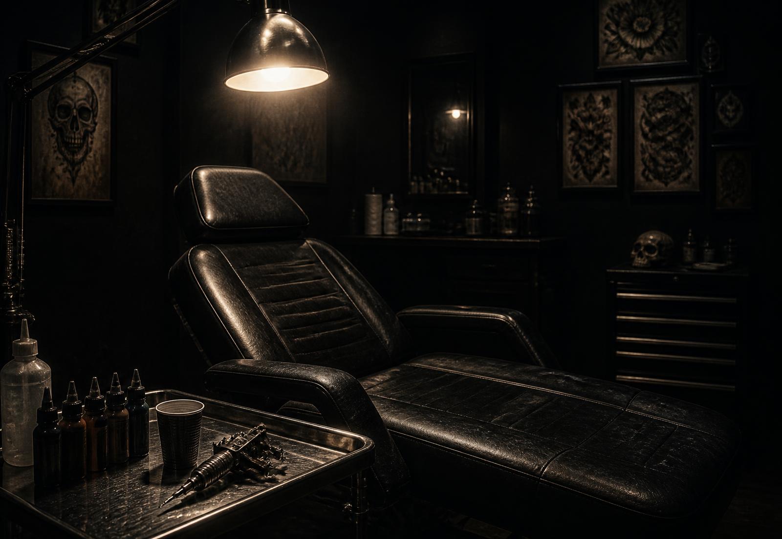 Dark tattoo studio with a leather chair, ink bottles and a tattoo machine
