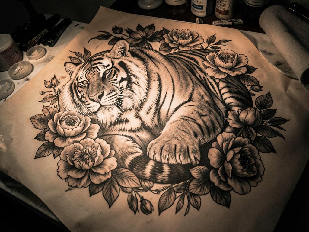 Large tiger and peony tattoo artwork