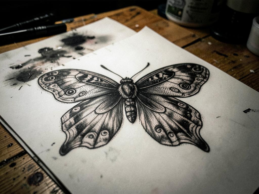 Detailed black and grey moth tattoo design