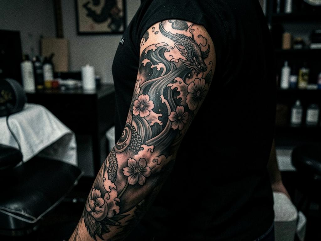 Japanese-inspired dragon and floral sleeve tattoo